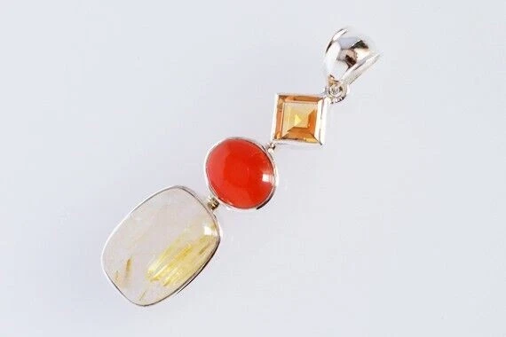 Ciondolo quarzo rutilo dorato naturale argento sterling corniola citrino... - Immagine 4 di 4
