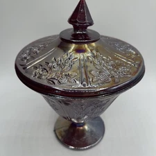 Vtg Carnival Glass Sharon Cabbage Rose Lidded Compote Candy Dish One Crack