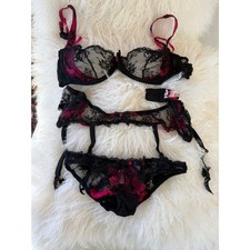 AGENT PROVOCATEUR MADDY Black & Fuchsia 3 Piece Lingerie Set 34D/3/3