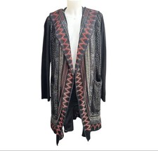 Johnny Was Biya Hooded Medium Cardigan Sweater Geometric Embroidery Long Coat
