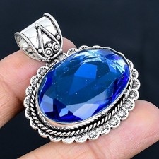 Swiss Blue Topaz Handmade 925 Sterling Silver Jewelry Pendant 1.78"