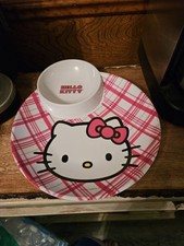 "Hello Kitty" Pink Plaid Melamine Zak Designs 9-1/4" Chip  Dip Divided Plate