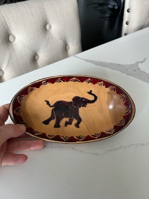 Handmade Carved African Wooden 8" Bowl Oval Hand Painted  Folk Art Elephant