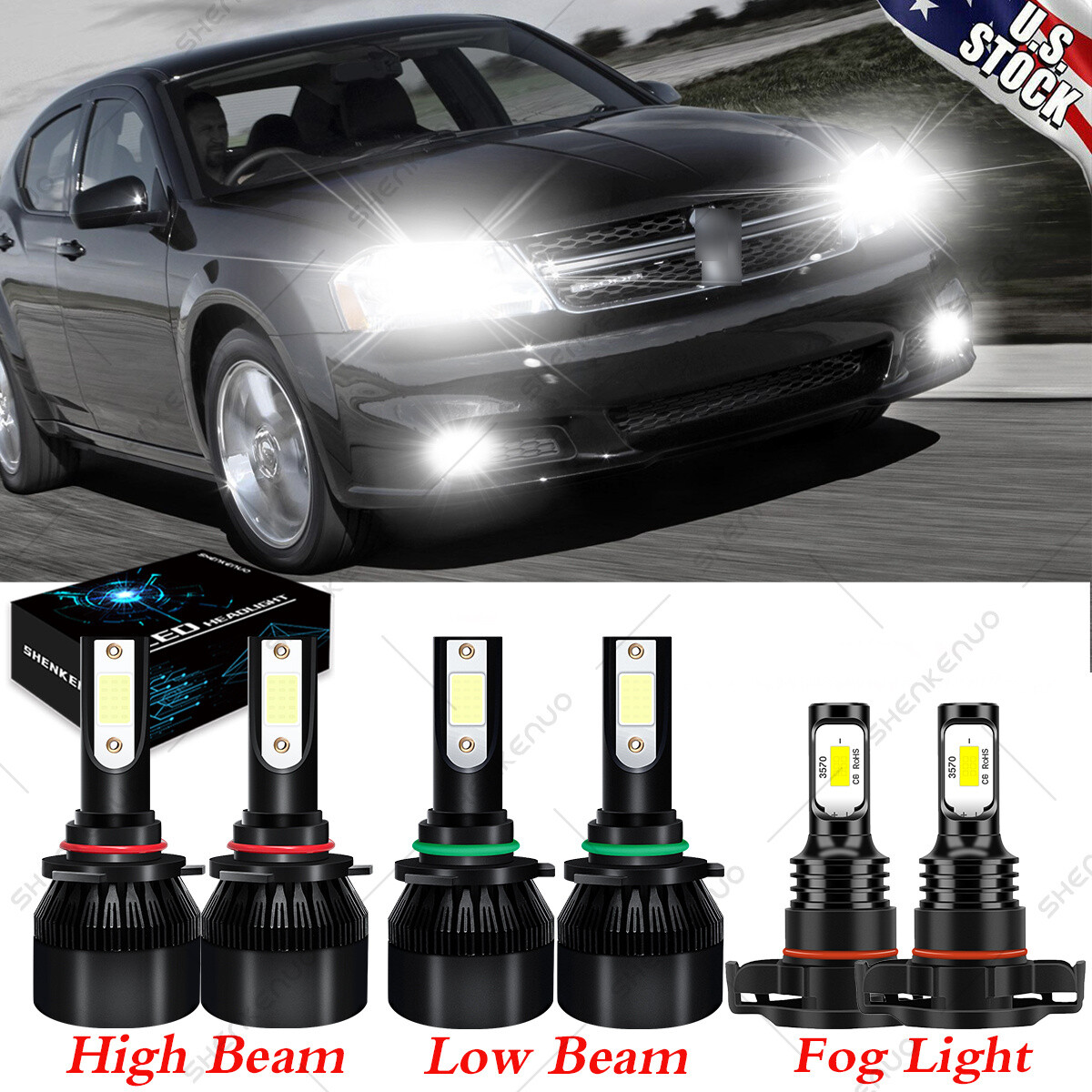 For Dodge Avenger 2010 2011 2012 Combo LED Headlights High/Low + Fog Light  Bulbs