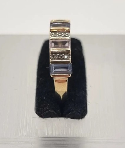 9ct Yellow Gold Multi-Gemstone Ring Blue & Pink Topaz & Diamonds Ring Size O 1/2 - Picture 7 of 11