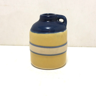 Tender Heart Treasures 1995 pottery whiskey water handle jug yellow blue Vintage