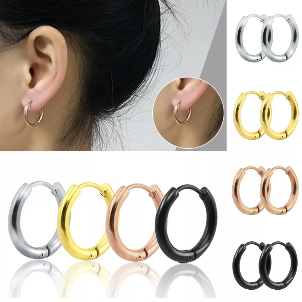 Titanium Stainless Steel Small Round Hoop Sleeper Earrings Jewelry Punk  Unisex | eBay