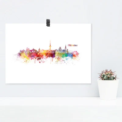 JUNIWORDS Poster "Skyline Münster" in Aquarell Geschenk Geburtstag DIN A4 A3 A2  - Bild 1 von 3