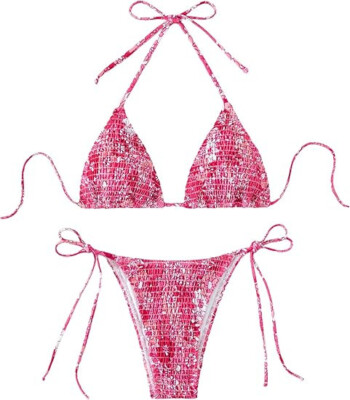 Damen Blumendruck Gesmoktes Bikini Set Neckholder String Badeanzug Gepolstert Größe Small