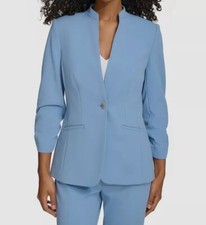 Calvin Klein Womens Blue Ruched-Sleeve Stand Collar Jacket Blazer Petite Size 4P