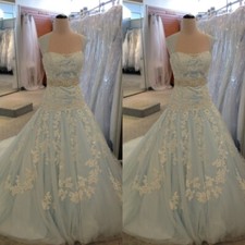 Sky Blue Elegant Wedding Dresses Beading Lace Appliques Sweep Train Bridal Gown