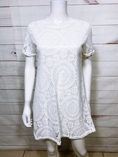 Womens Dress Size L White Lace Lined Back Keyhole Short Sleeve