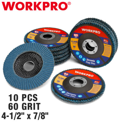 WORKPRO 10PCS 60Grits Flap Disc 4-1/2'' x 7/8'' T29 Zirconia Abrasive Sanding Disc