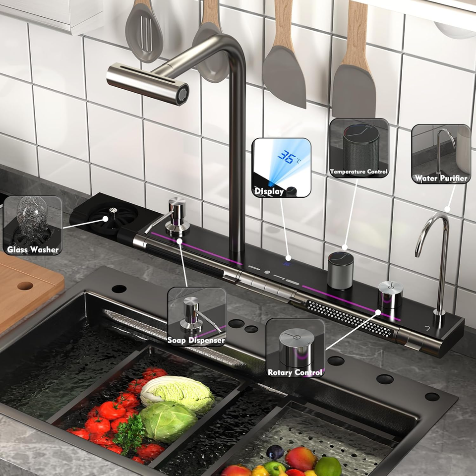 304 Stainless Steel Smart Kitchen Sink with Digital Display & Pull-Out ...