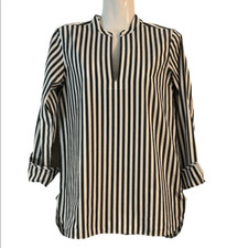 Everlane tunic Sz 00 high low hemline 3/4 sleeve striped green white cotton