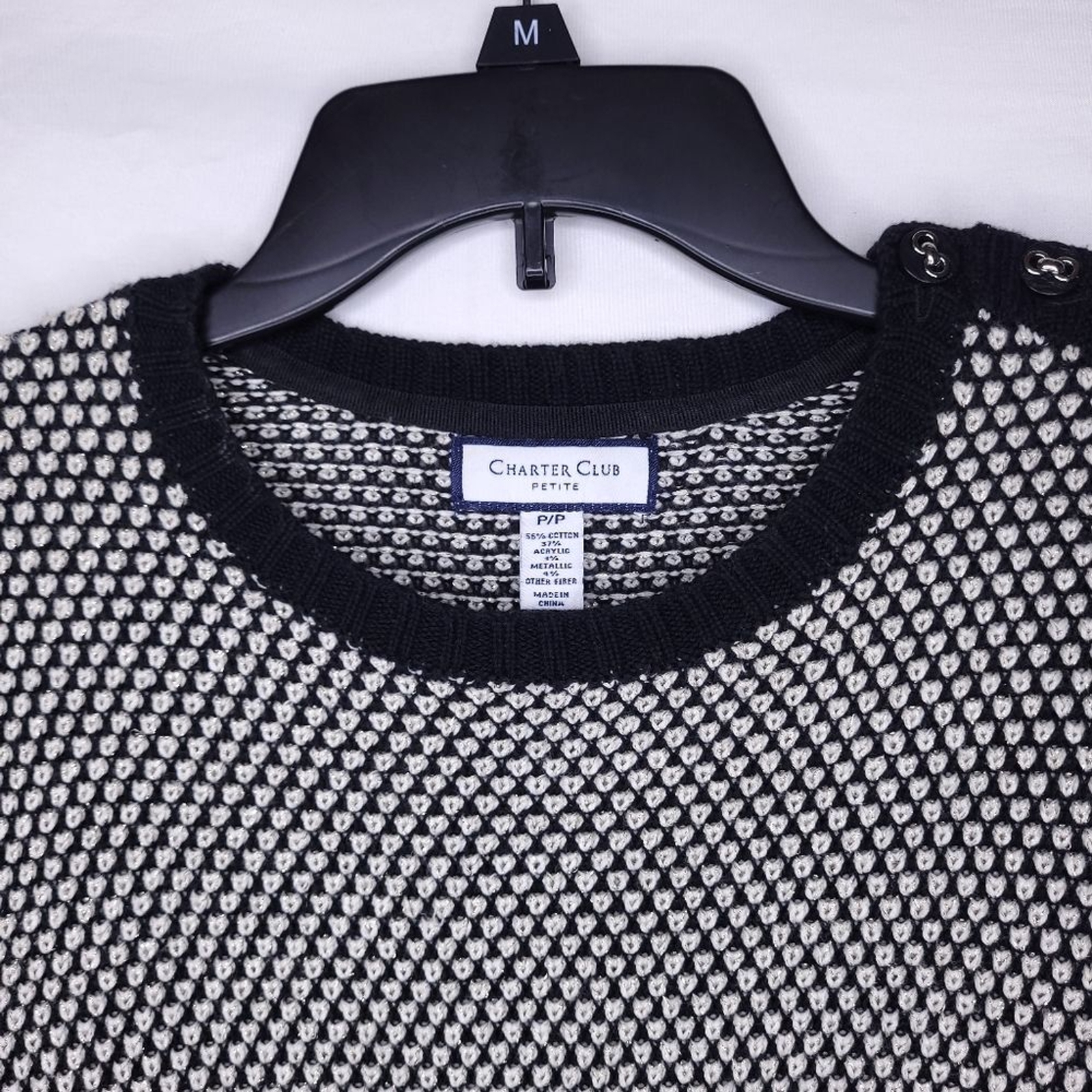 CHARTER CLUB Womens Black White Knit Textured Button Shoulder Sweater PETITE