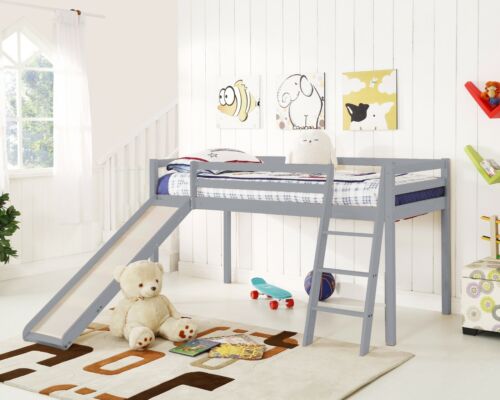 Kids Bunk Bed Mid Sleeper with Slide and Ladder Wooden Cabin Bed White Grey Wood - Picture 7 of 9