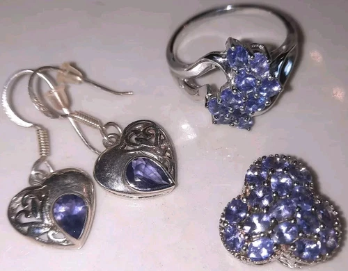Vintage Style 925 Sterling Silver Jewelry Lot Tanzanite Iolite Pendant Earrings+