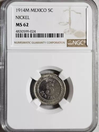 Mexico 5 Centavos 1914 M Nickel NGC MS 62