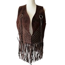 VTG Suede Leather Vest Fringe Size Small Medium Boho Hippie Festival Western