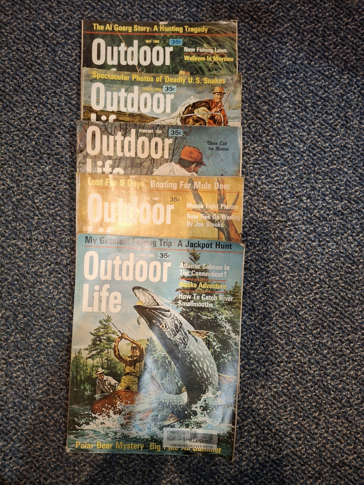 LOT of 5 VINTAGE 1968 OUTDOOR LIFE MAGAZINES GREAT COVER ART, PHOTOS & OLD ADS