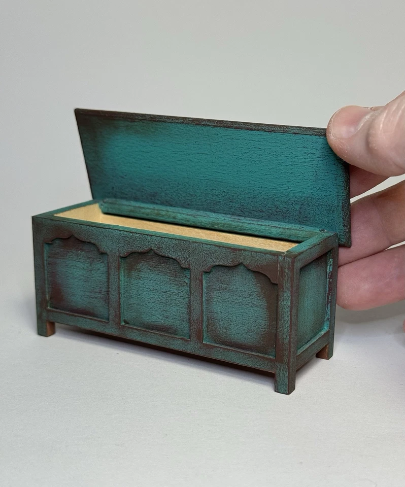 OOAK Miniature Dollhouse Wooden Trunk Painted Cottage Storage Bench 1:12 Scale - Image 3 of 4