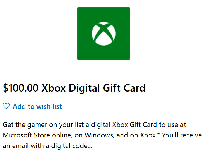 $100.00 Xbox Digital Gift Card