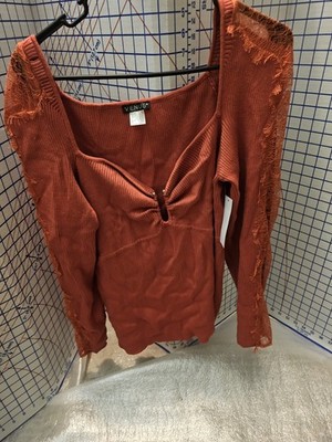 Venus Womens 2X Rust Ribbed Knit Top Lace Sleeve Keyhole Blouse Plus  NWT plus