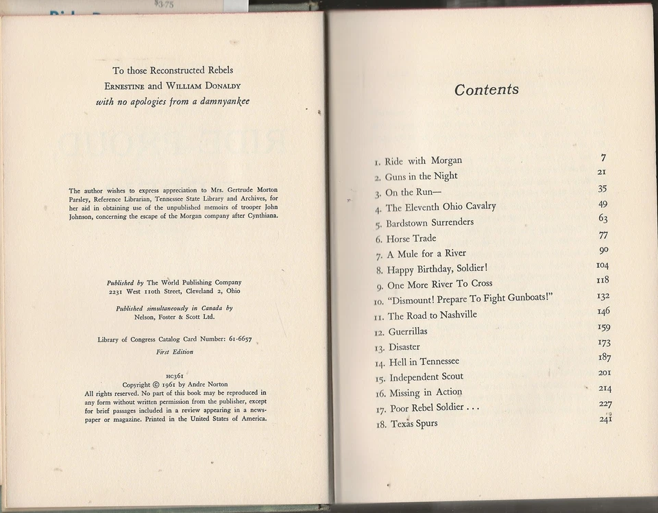 ANDRE NORTON. Ride Proud, Rebel! World 1961.  1st edition. HC/DJ.  Civil War Foto 3 de 4