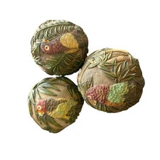 Set Of 3 Ornate Carved Sphere Orb Ball Decorative Pieces parrot tropical