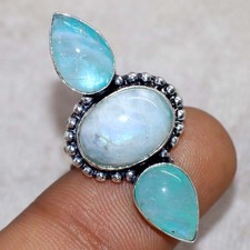 925 Silver Plated Long Rainbow Moonstone Ring US 6.5 Gift For Sister Trendy GW