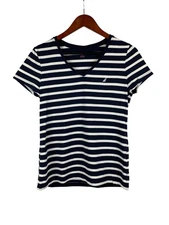Nautica Womens Navy & White Striped  V-Neck T-Shirt M