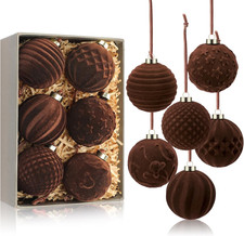 Brown Velvet Christmas Ball Ornaments Set - 12 Pcs, 6 Styles, 2.36 Inch