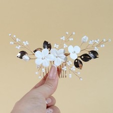 Bridal Hair Comb with White Flowers Gold Leaves and Pearl Accents Handmade Br...