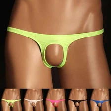 Men's Fluorescent Ice Silk Thong Underwear Sexy Open Pouch Briefs Panties