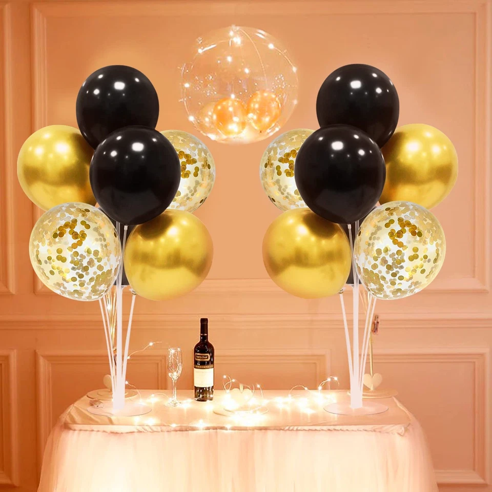 Centros de mesa con soporte de globo negro y dorado para decoraciones de fiestas 2025 Foto 4 de 4