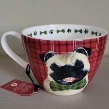 PORTOBELLO by Design Red PUG Dog Paw Print Bow Tie Coffee Tea MUG New NWT