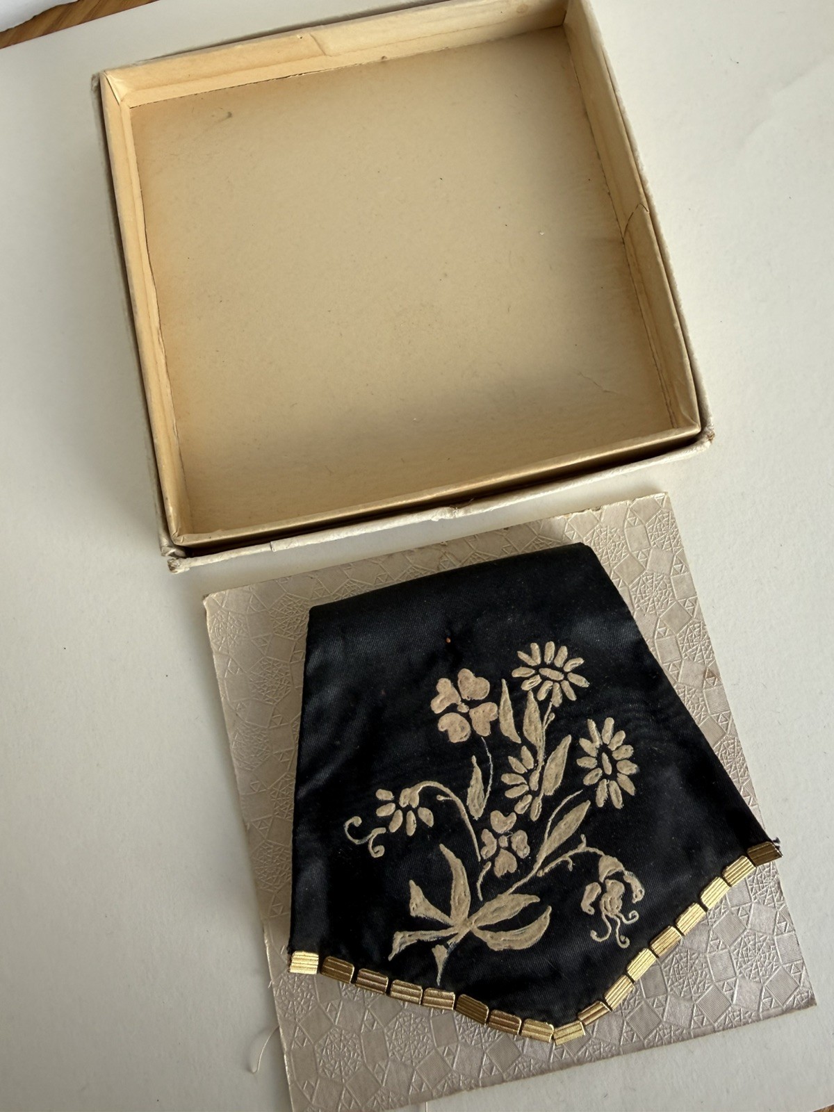 VTG Fabric embroidered Floral Black MIRROR COMPACT original packaging 
