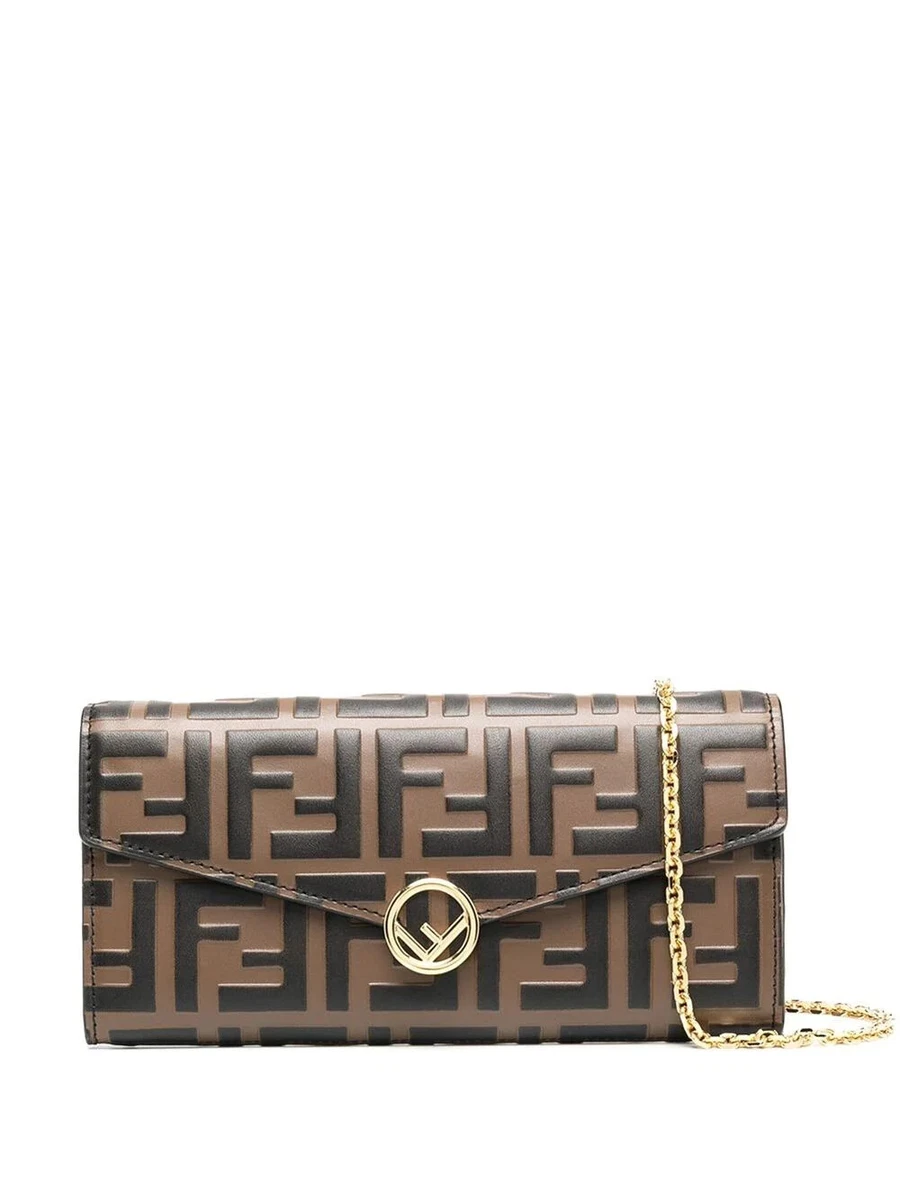 NWT NEW Fendi FF Embossed Brown Leather chain wallet Gold Logo Buckle