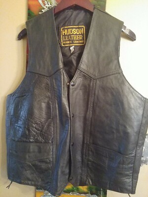 Hudson Mens Black Leather Vest snap Harley Davidson size 48