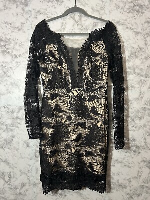 SOIEBLU Lace Party Cocktail Dress Long Sleeve Black Nude Plunge Neck Sz L  NWT | eBay