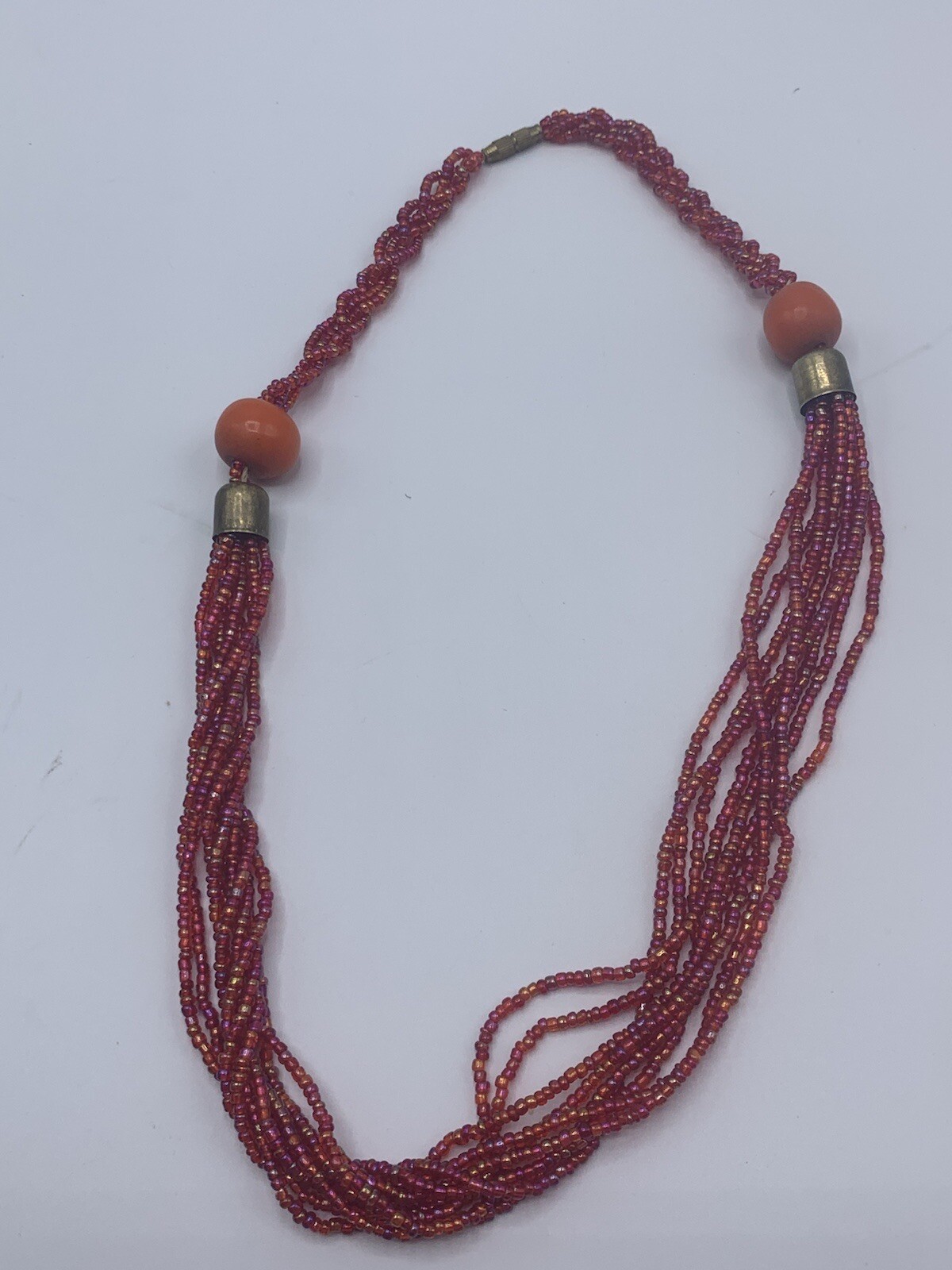 Vtg Multistrand Red Seed Bead Necklace 20” Silver To… Gem