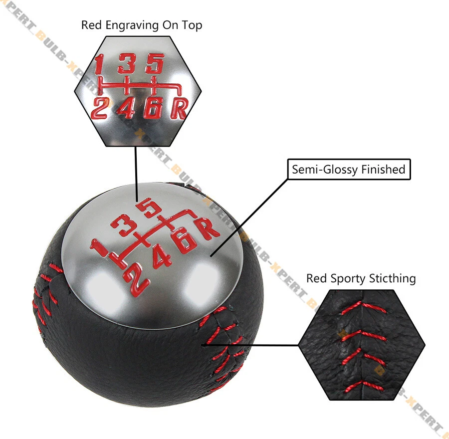 Para Nissan Infiniti Rojo Costura Cuero Gunmetal 6 Velocidades Redondo Perilla de Cambio de Marchas Foto 4 de 4