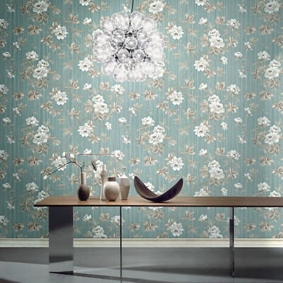 Floral flower plants Green silver bronze metallic textured faux fabric Wallpaper