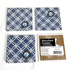 4  Tile Coaster Stoneware Blue & White Indigo Lattice Naturally Absorbent