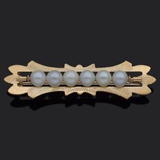 Estate BAR Signed 18K Yellow Gold Pearl Bar Brooch Pin