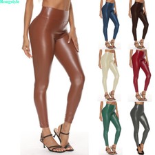 Womens Ladies Wet Look PU Leather High Waist Shiny Leggings Stretch Pant Trouser