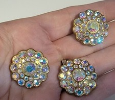 Aurora Borealis Buttons Lot Of 3 Vintage Gold Tone 1" Clear AB