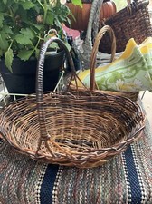 Vintage Dark Delicate Oval Wicker Herb Gathering Basket Handled Rustic Country