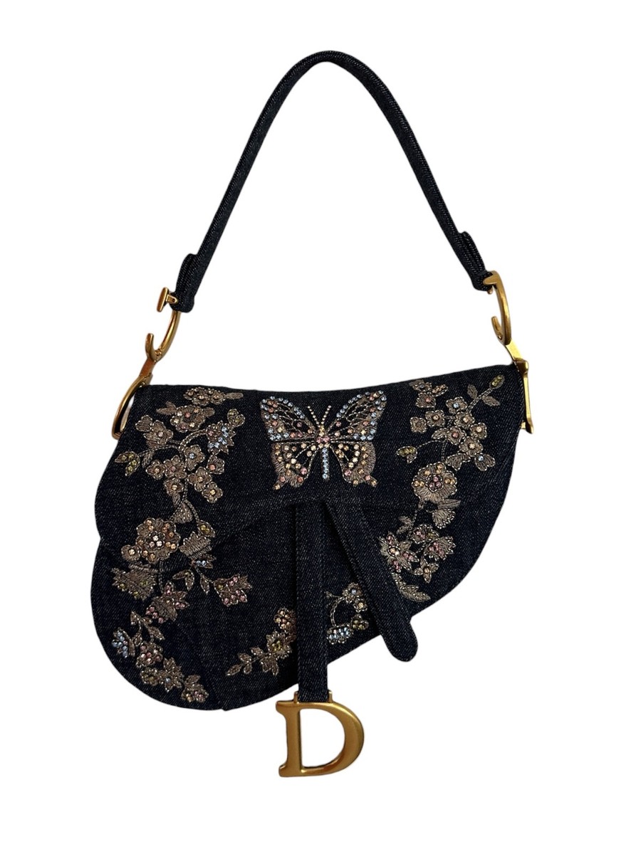 Christian Dior Denim Blue Saddle Bag Butterfly Rhinestone